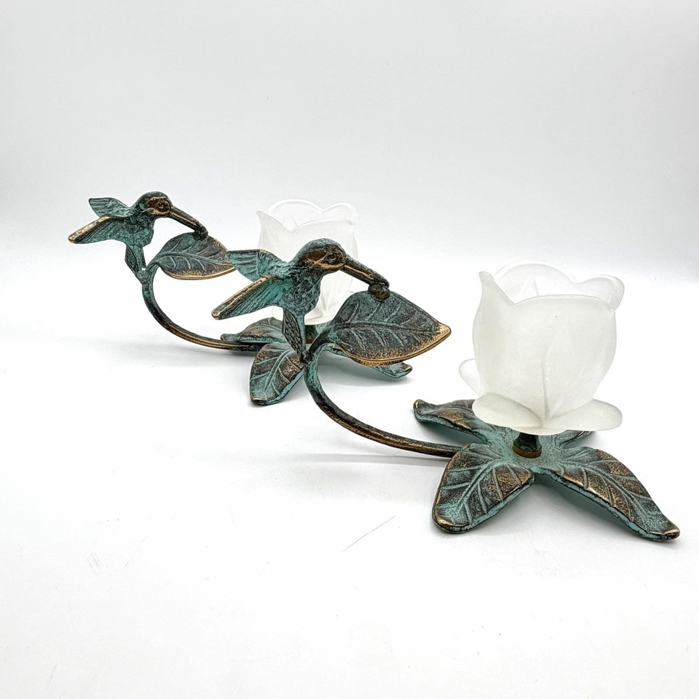 Vintage 90's Brass Hummingbird Verdigris Flower Candle Holder Vase Green Ivy - Picture 5 of 16